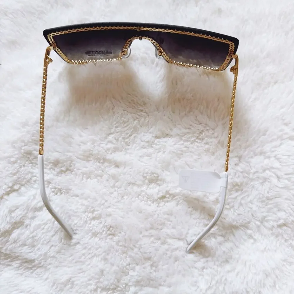 Christine Black Two Tone White Chain Oversized Shield Sunglasses